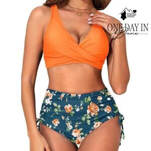 Aqua Eve Cross Front Drawstring High Waist Bikini Swimsuit Size L